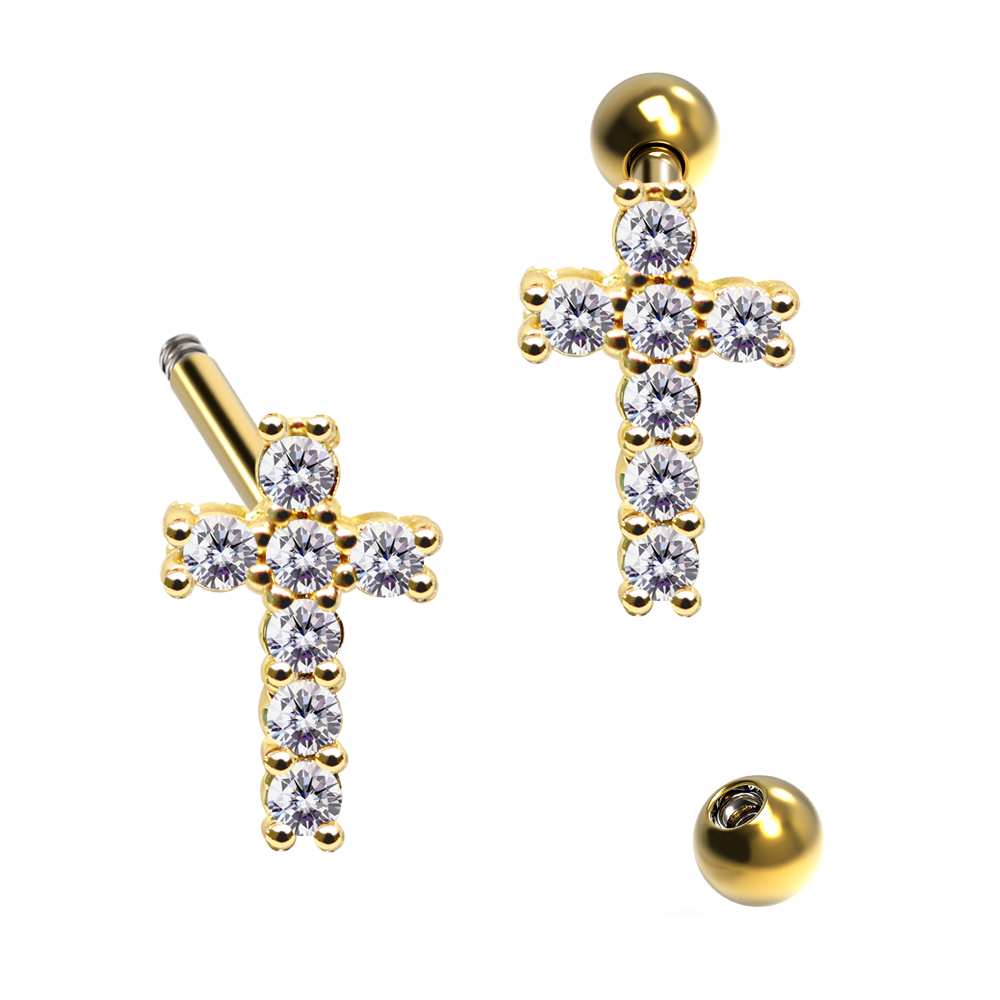Steel 316L Barbell in Cross Design with Crystals - CC Crystal Clear