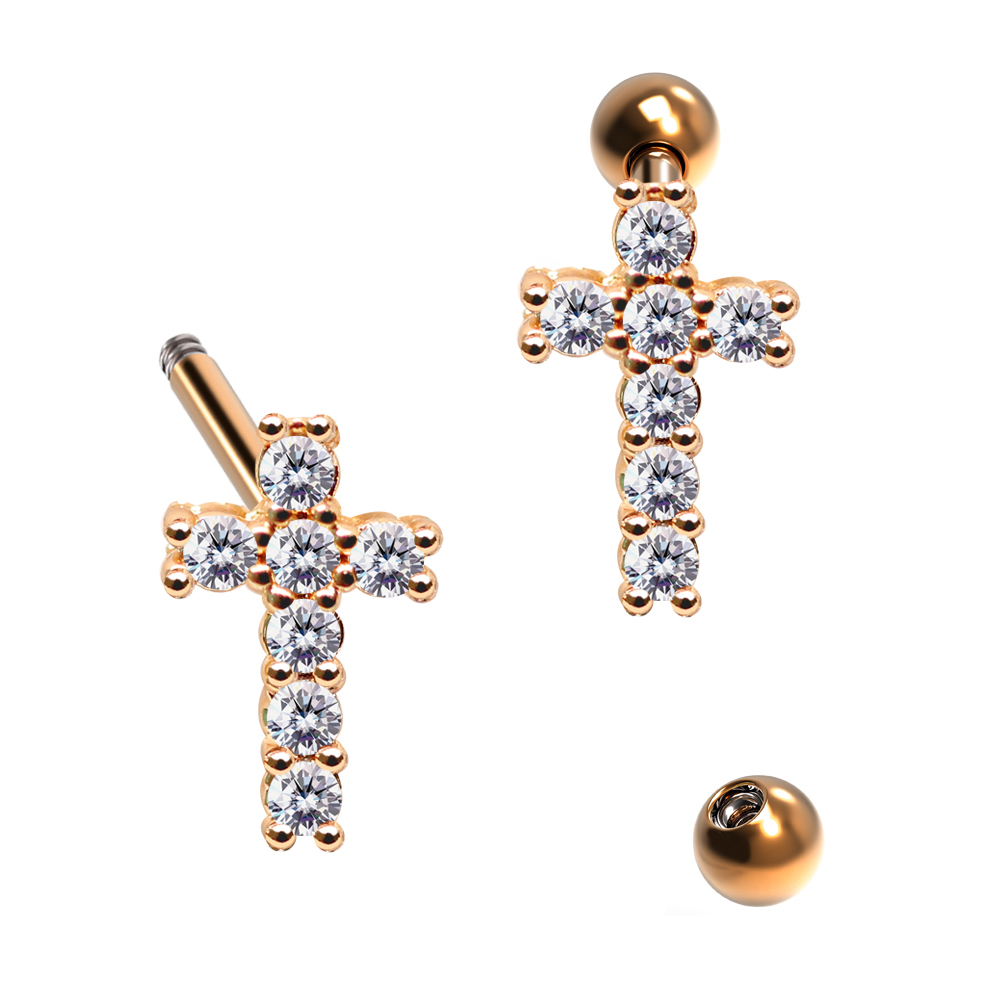 Steel 316L Barbell in Cross Design with Crystals - CC Crystal Clear