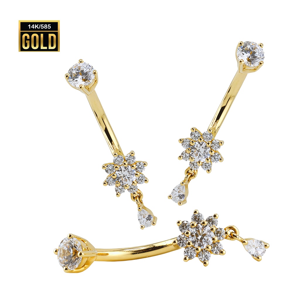 14K Real Gold Bananbell Flower With Prong Stetted With Zirconia 14GA(1.6mm-9mm)
