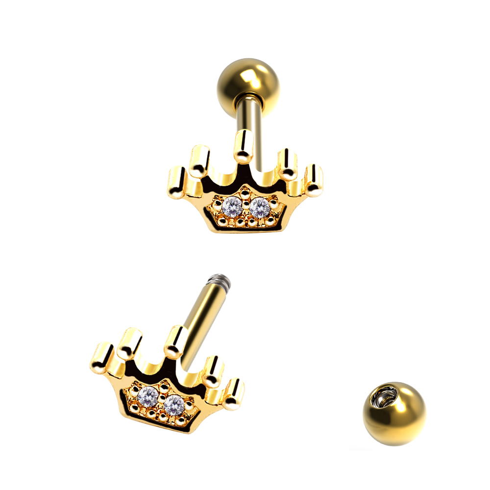 Steel 316L Barbell in Crown Design with Crystals - CC Crystal Clear