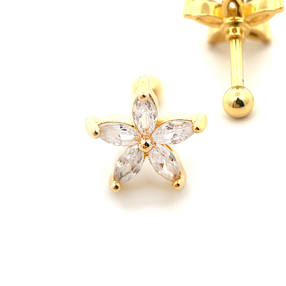 Steel 316L Barbell in Flower Design  with Crystals - CC Crystal Clear
