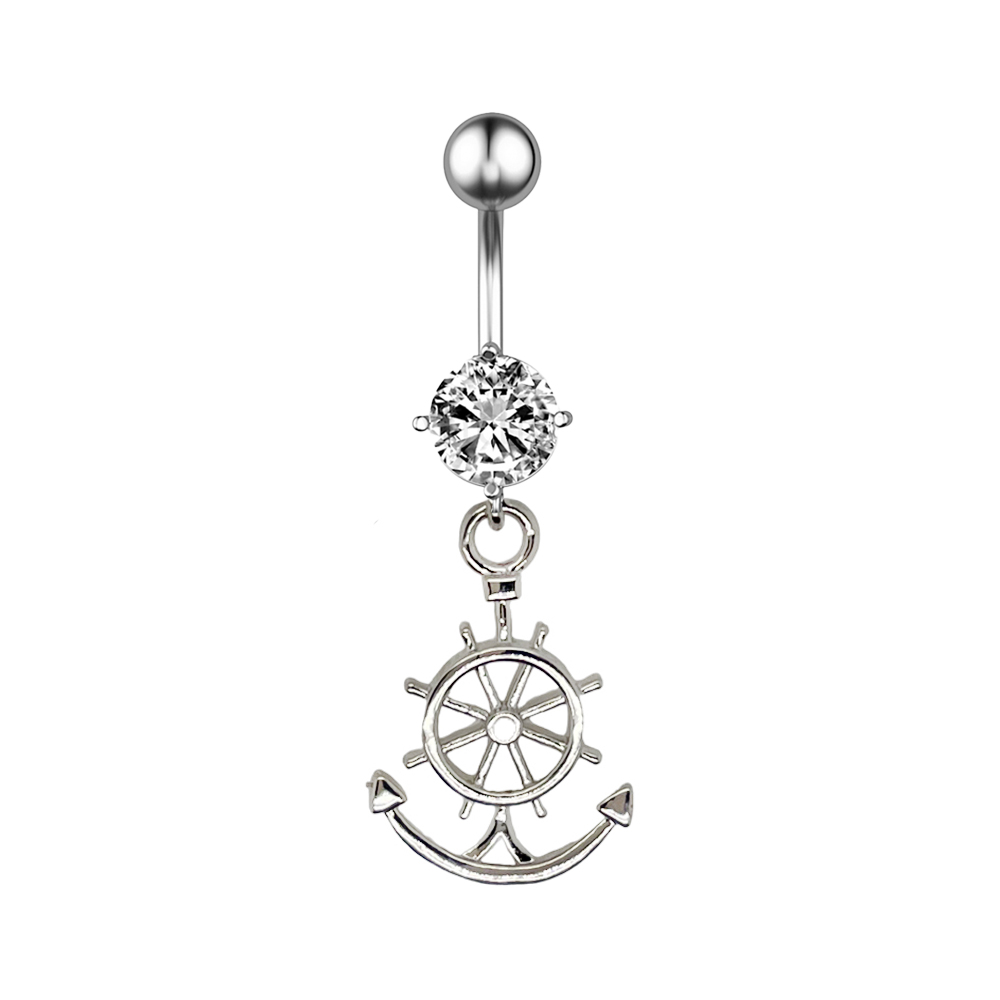 Steel 316L Belly Button Banana with CZ Stone Setting in Fashion Design- CC-Crystal Clear-14GA(1.6mm)
