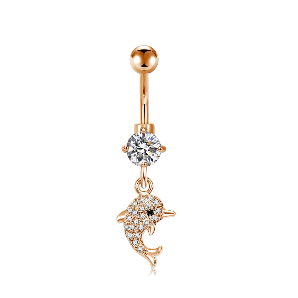 Steel 316L Rose Gold PVD Titanium Coated Belly Button Banana with CZ Stone Setting in Fashion Design - CC Crystal Clear -14GA(1.6mm)