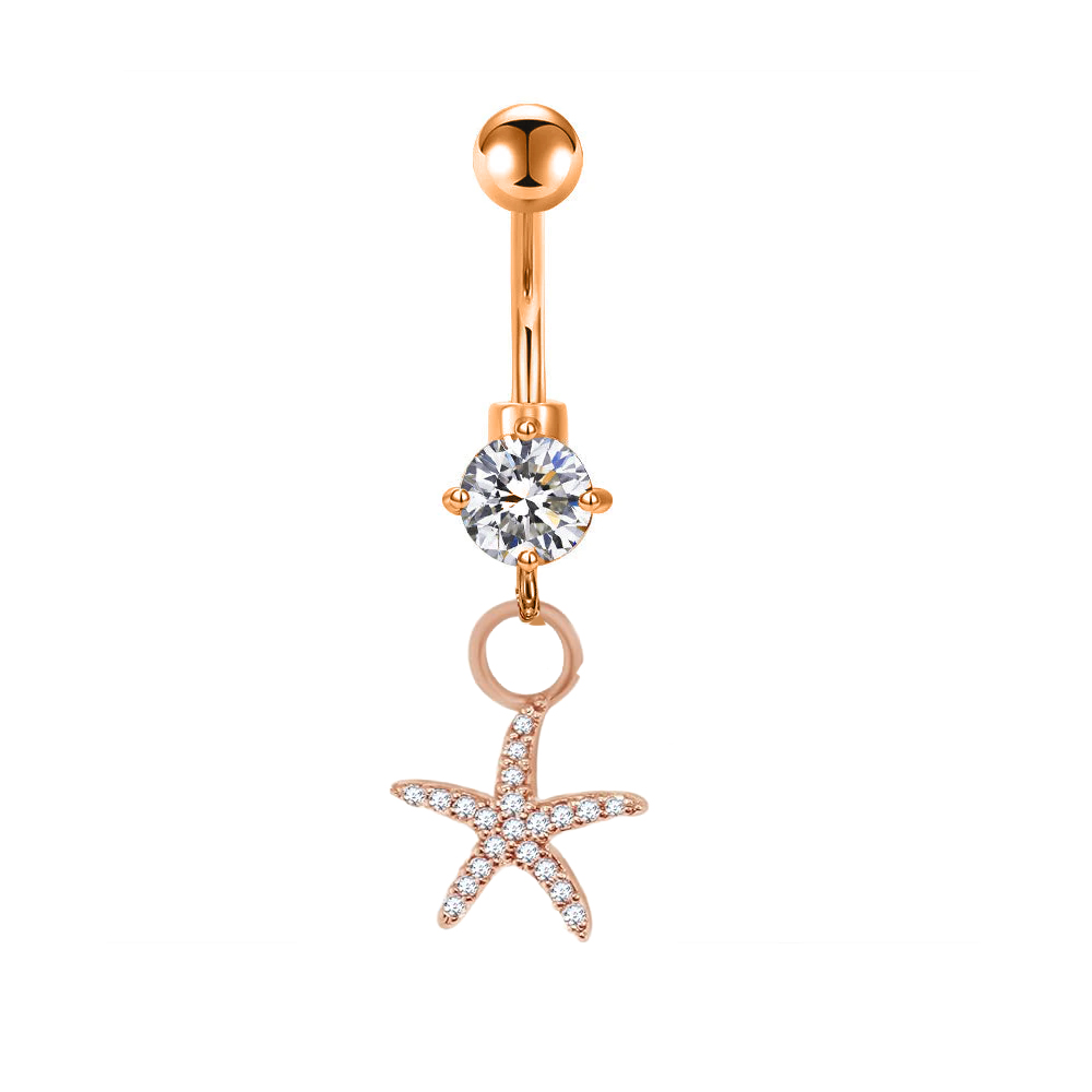 Steel 316L Rose Gold Ti-PVD Coated Belly Button Banana with CZ Stone Setting in Fashion Design - CC Crystal Clear 