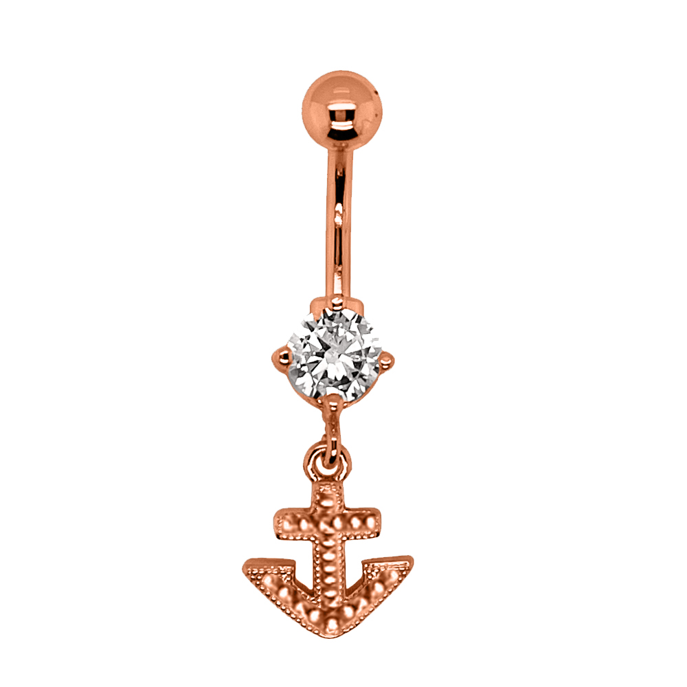 Steel 316L Rose Gold Ti-PVD Coated Belly Button Banana with CZ Stone Setting in Fashion Design - CC Crystal Clear 
