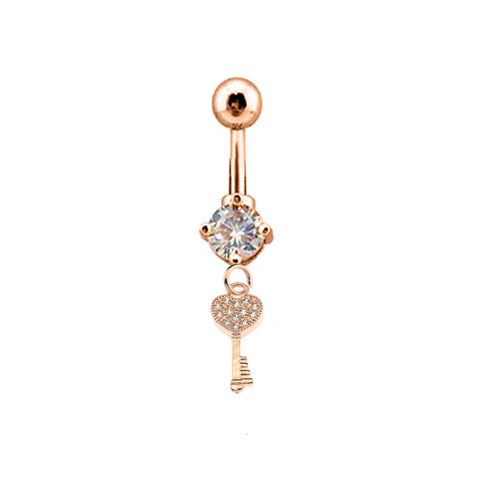 Steel 316L Rose Gold Ti-PVD Coated Belly Button Banana with CZ Stone Setting in Fashion Design - CC Crystal Clear 