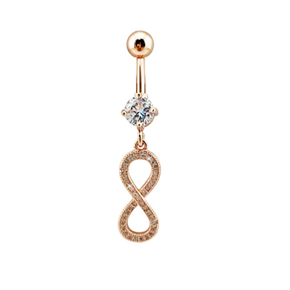 Steel 316L Rose Gold PVD Titanium Coated Belly Button Banana with CZ Stone Setting in Fashion Design - CC Crystal Clear -14GA(1.6mm)
