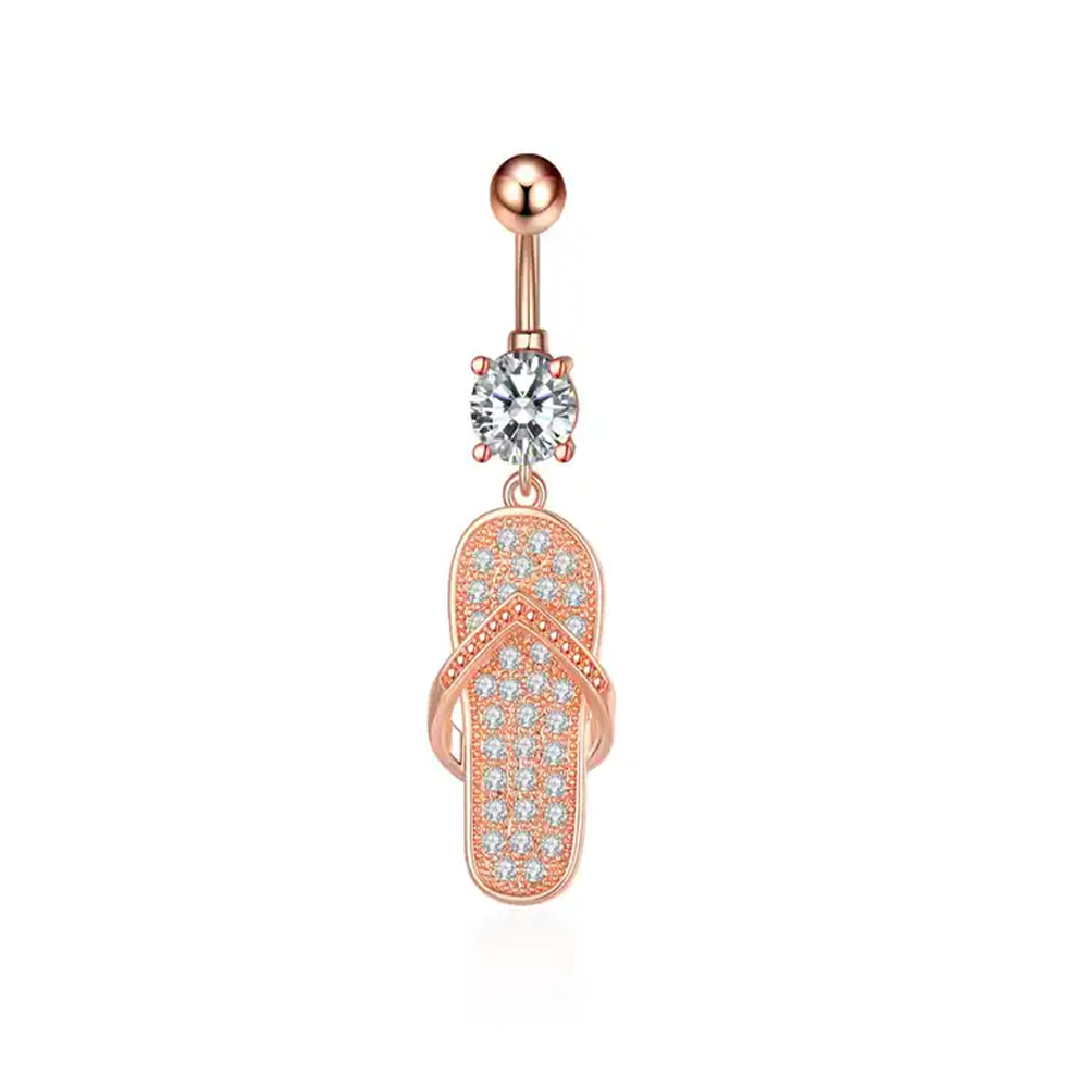 Steel 316L Rose Gold Ti-PVD Coated Belly Button Banana  with CZ Stone Setting in Fashion Design - CC Crystal Clear 