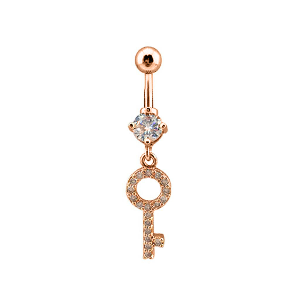 Steel 316L Rose Gold Ti-PVD Coated Belly Button Banana with CZ Stone Setting in Fashion Design - CC Crystal Clear 