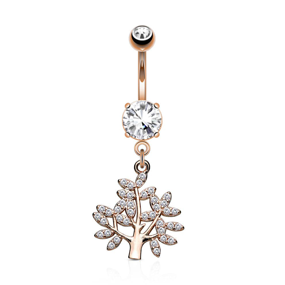 Steel 316L Rose Gold Ti-PVD Coated Belly Button Banana with CZ Stone Setting in Fashion Design - CC Crystal Clear 