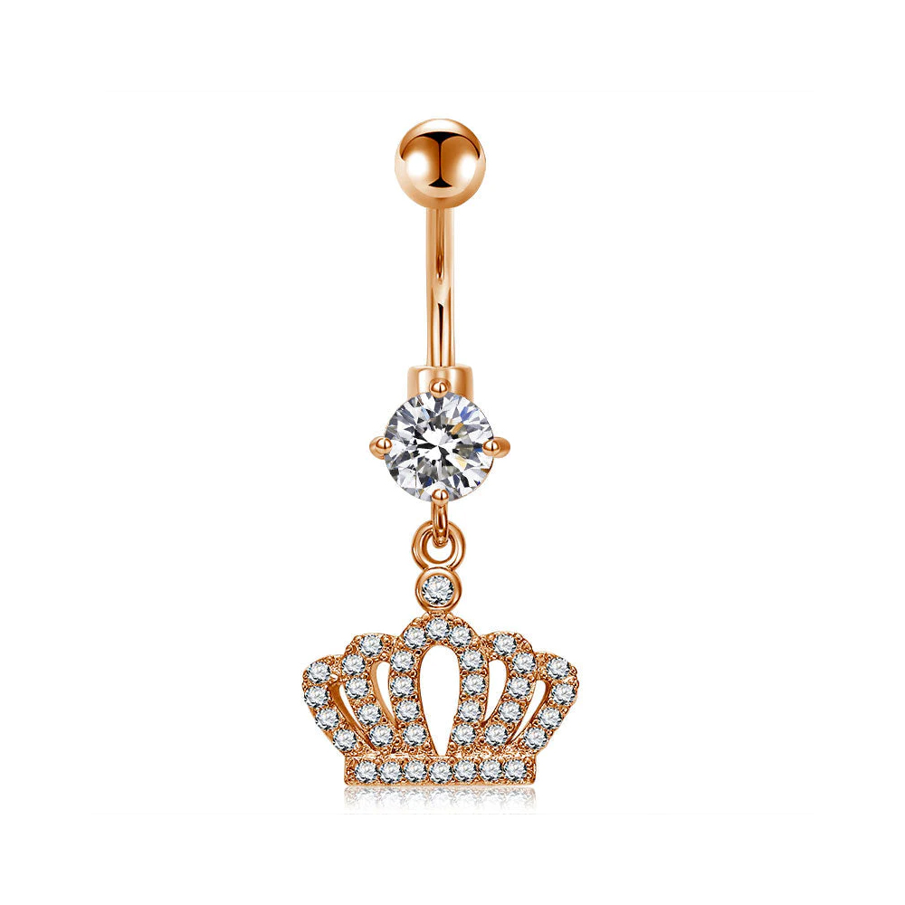 Steel 316L Rose Gold Ti-PVD Coated Belly Button Banana with CZ Stone Setting in Fashion Design - CC Crystal Clear 