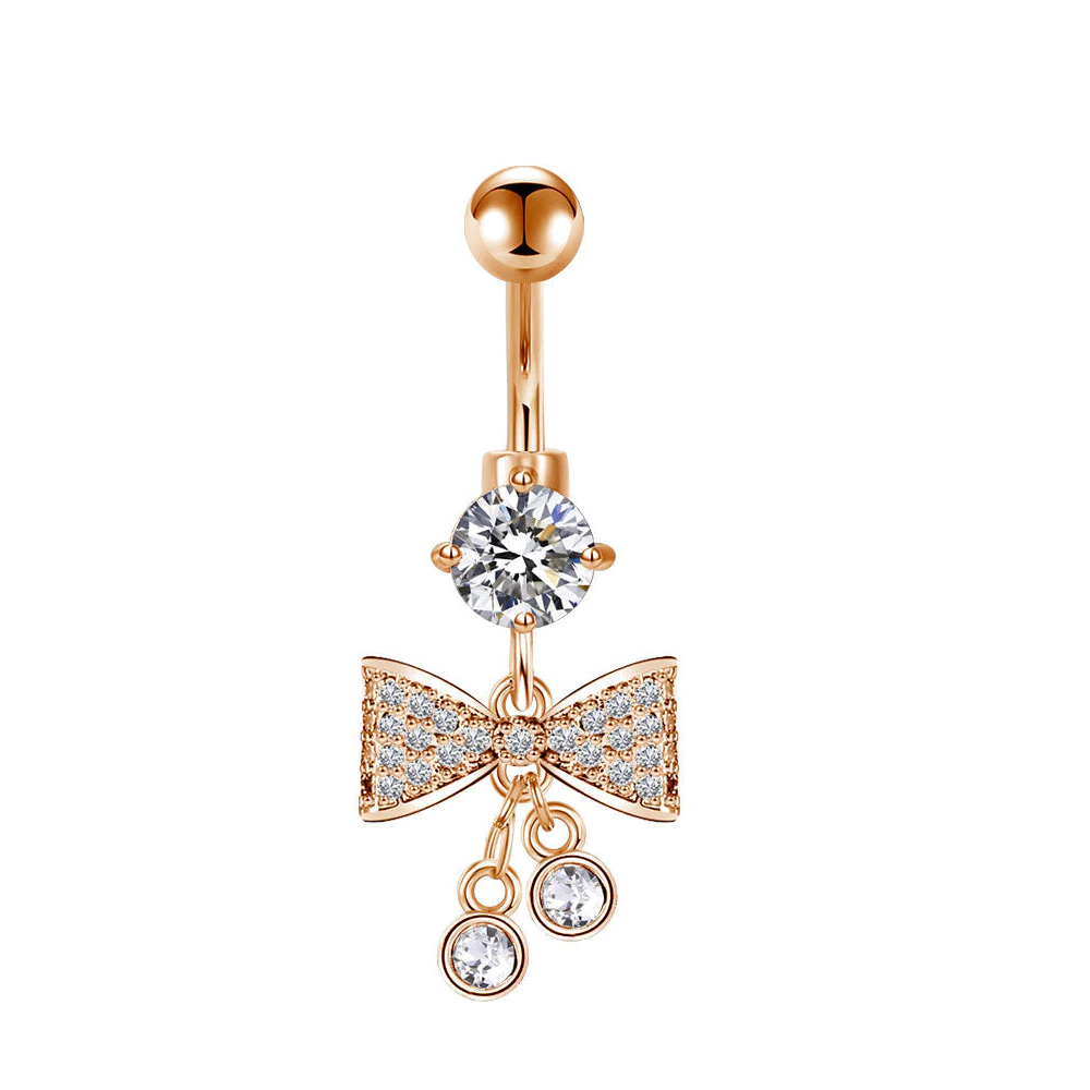Steel 316L Rose Gold Ti-PVD Coated Belly Button Banana with CZ Stone Setting  in Fashion Design - CC Crystal Clear 