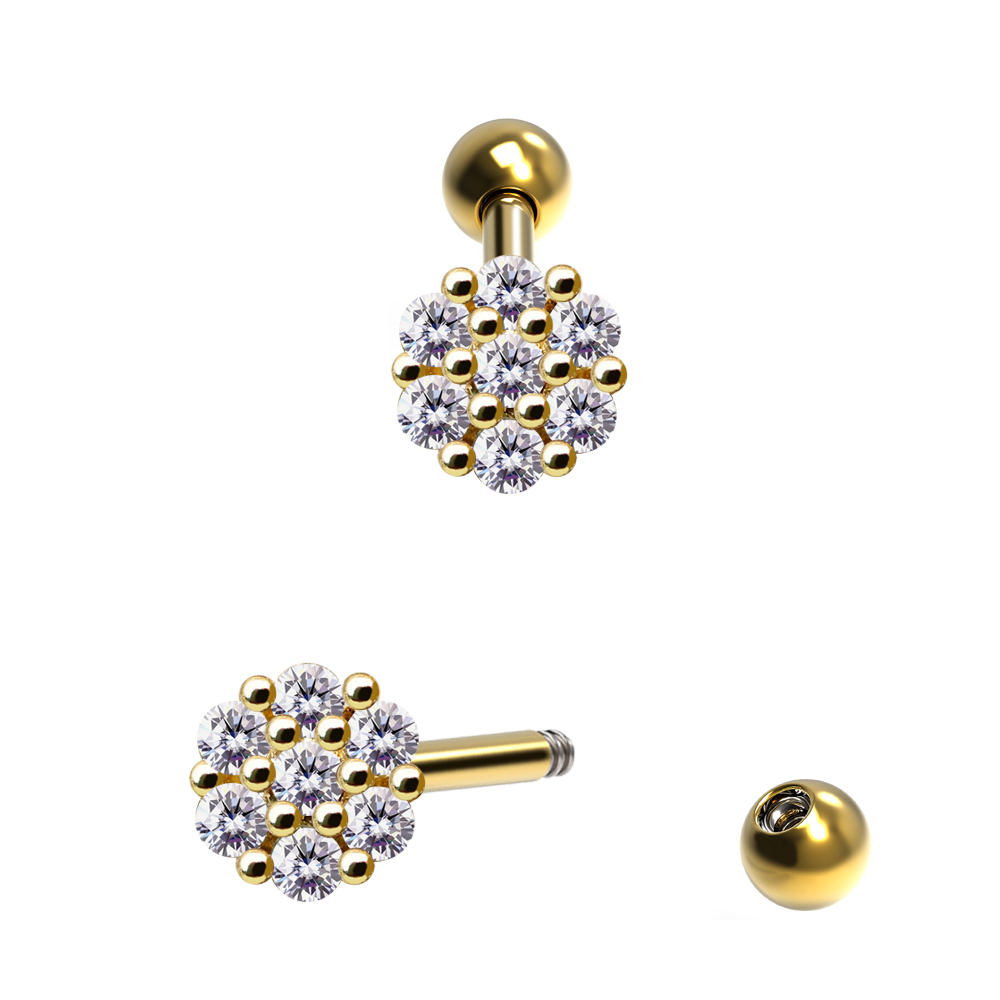 Steel 316L Barbell in Flower Design  with Crystals - CC Crystal Clear
