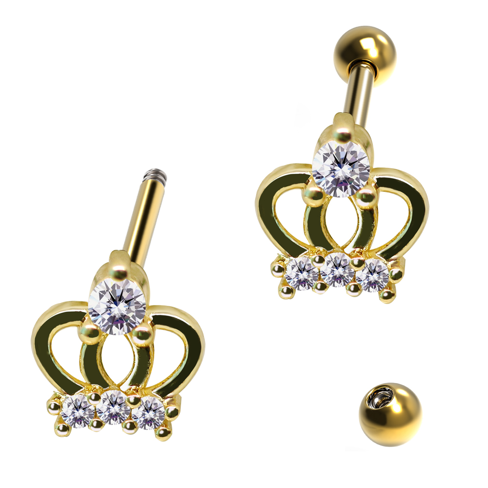 Steel 316L Barbell in Crown Brass Design with Crystals - CC Crystal Clear