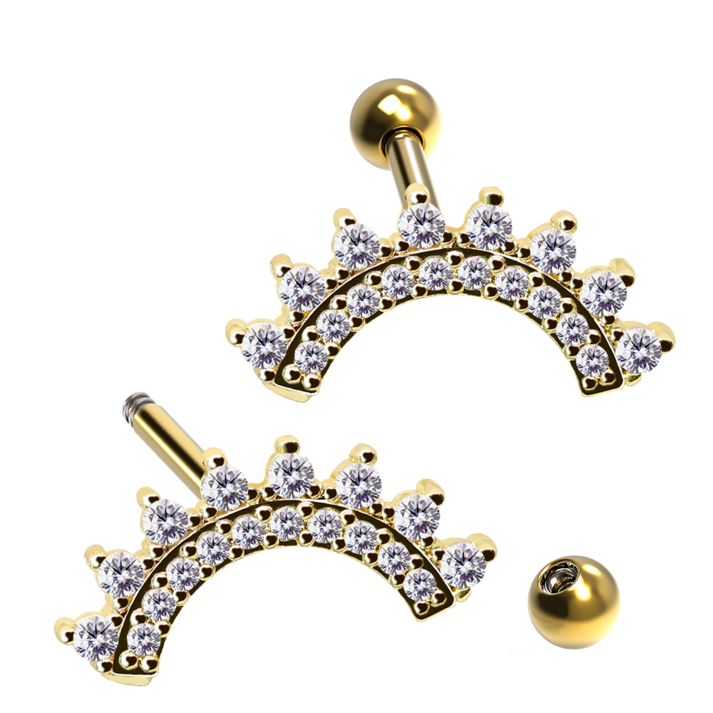 Steel 316L Barbell in Fashion Brass Design with Crystals - CC Crystal Clear