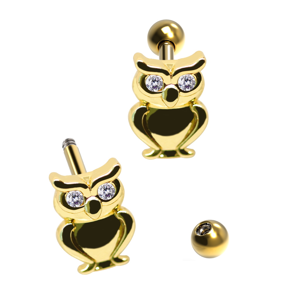 Steel 316L Barbell in Owl Design with Crystals - CC Crystal Clear