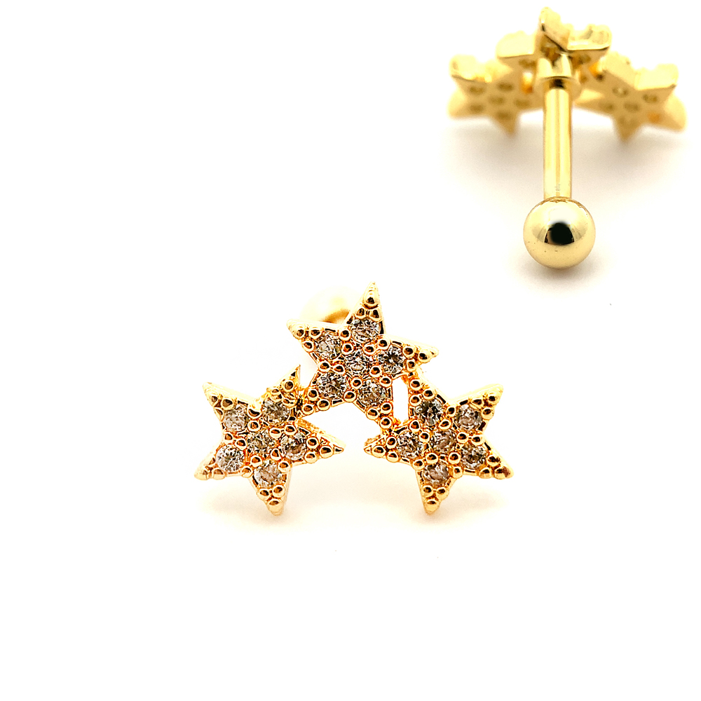 Steel 316L Barbell in Star Brass Design with Crystals - CC Crystal Clear