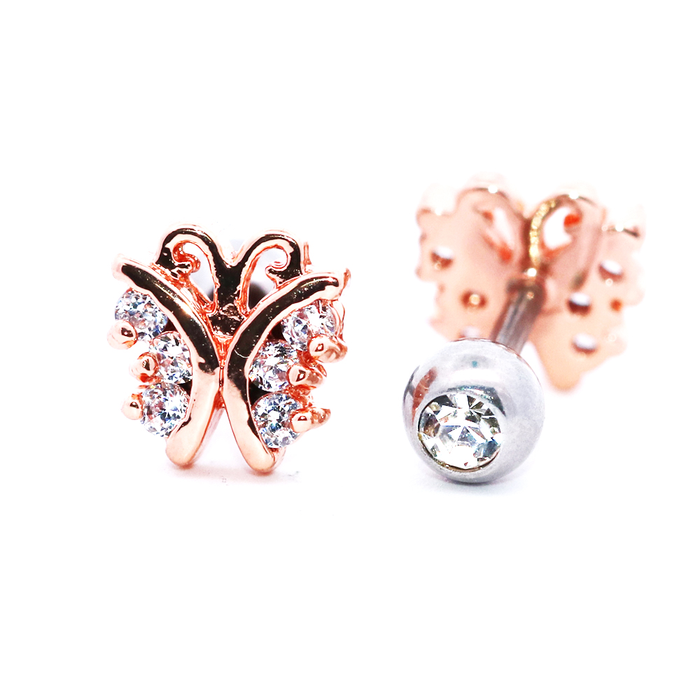 Steel 316L Barbell in Butterfly Design with Crystals - CC Crystal Clear   