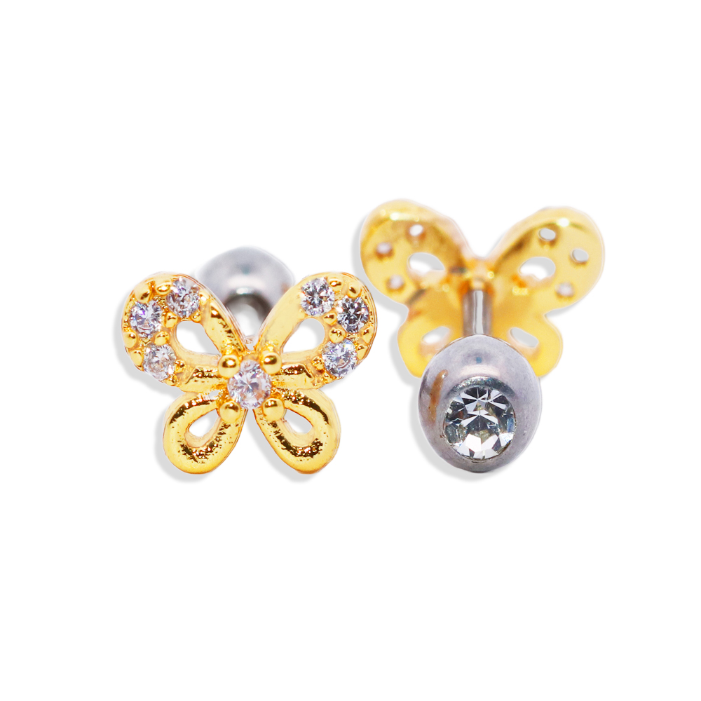 Steel 316L Barbell in Butterfly Design with Crystals - CC Crystal Clear      