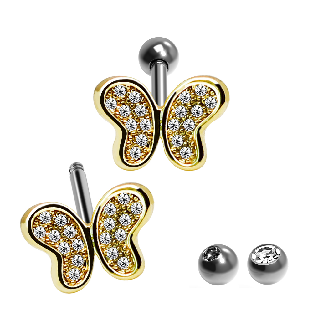 Steel 316L Barbell in Butterfly Design with Crystals - CC Crystal Clear    