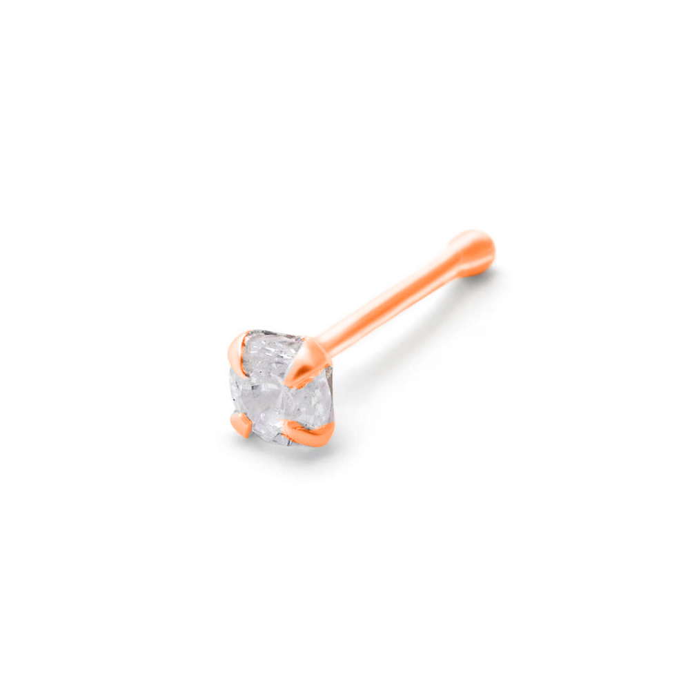Steel 316L Rose Gold Ti-PVD Coated Nose Pin with Prong Setted Square Stone - 20GA(0.8mm) 