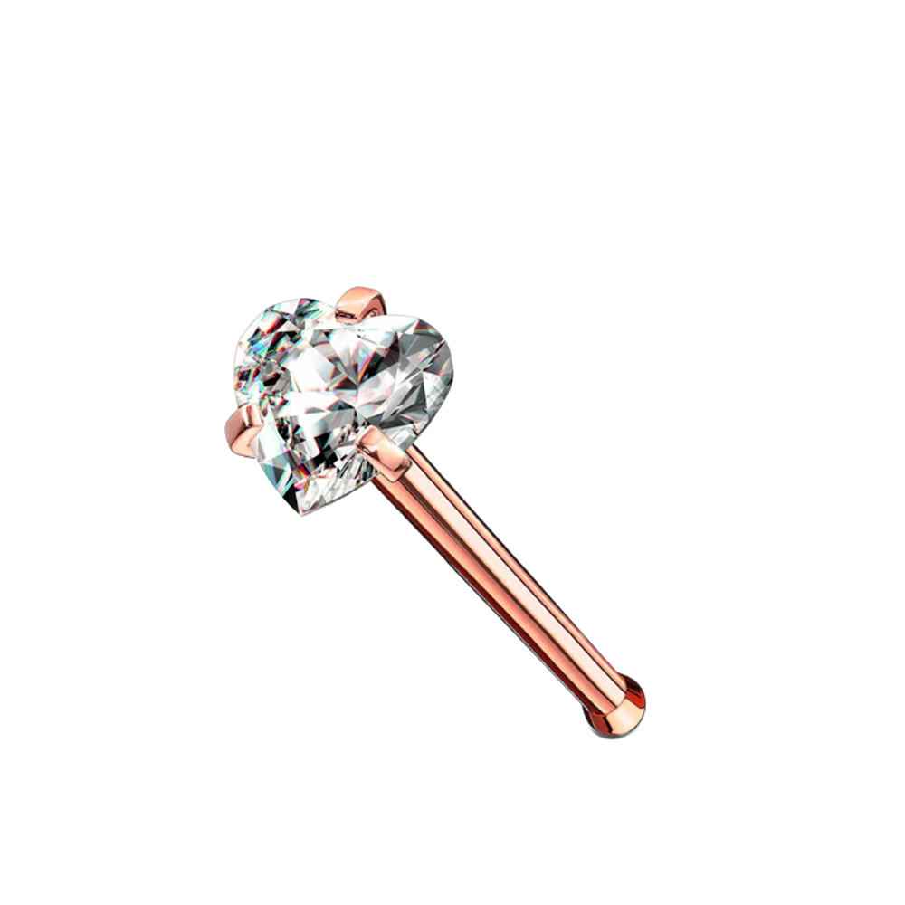 Steel 316L Rose Gold Ti-PVD Coated Nose Pin with Heart Setting Stone - 20GA(0.8mm)