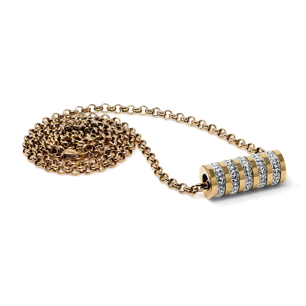 Steel 316L Gold Ti-PVD coated Necklace with Cylinder Shaped Crystal Pendant - Length 65cm