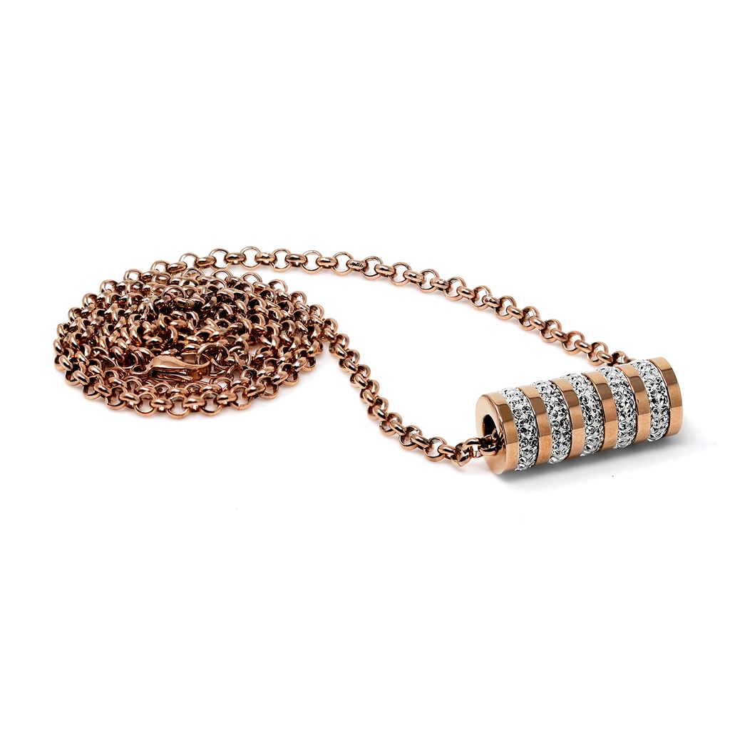 Steel 316L Rose Gold PVD Titanium coated Necklace with Cylinder Shaped Crystal Pendant - Length 65cm