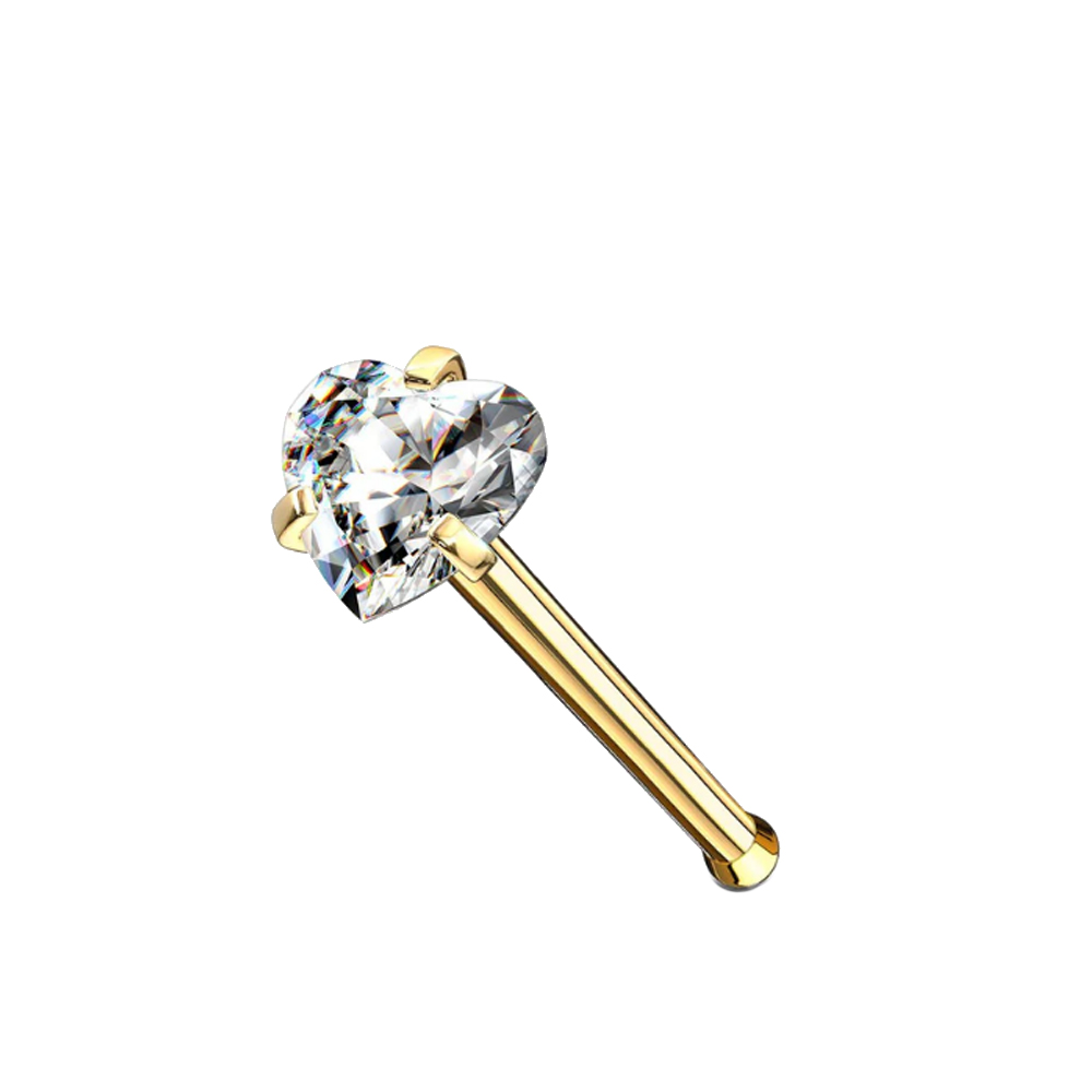 Steel 316L Gold Ti-PVD Coated Nose Pin with Setting Heart Stone - 20GA(0.8mm)