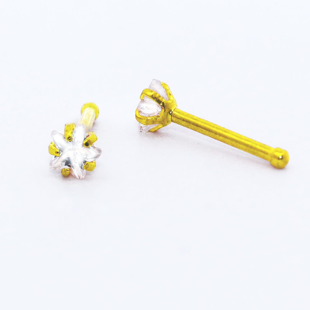 Steel 316L Gold Ti-PVD Coated Nose Pin with Prong Setted Star Shaped Crystal - 20GA(0.8mm)  