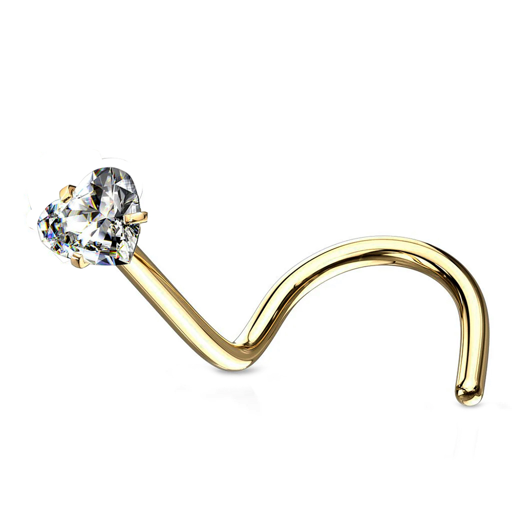 Steel 316L Gold Ti-PVD Coated Nose Spiral with Heart Setting Stone - 20GA(0.8mm) 
