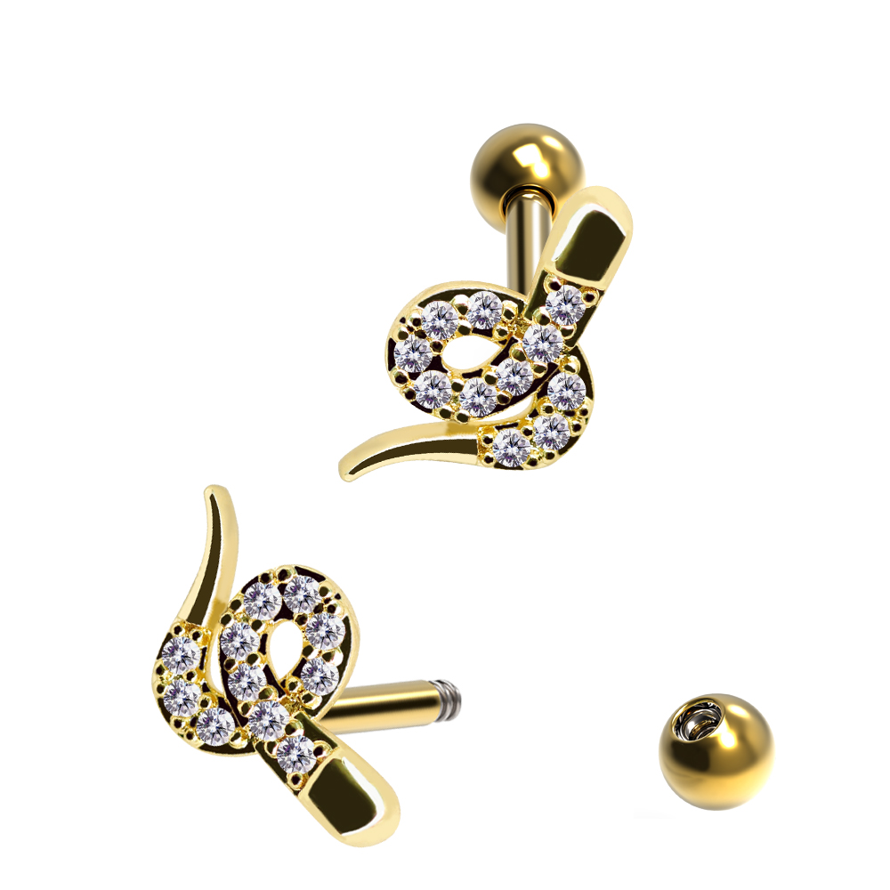 Steel 316L Barbell in Snake Design  with Crystals - CC Crystal Clear