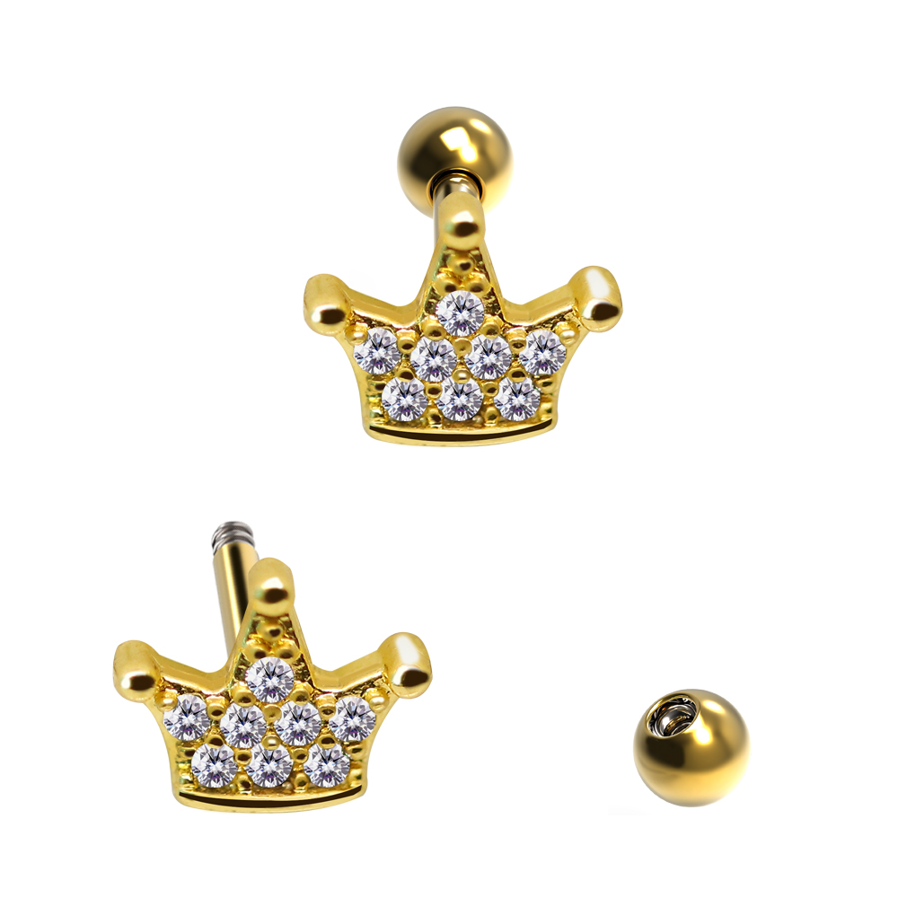 Steel 316L Barbell in Crown Design  with Crystals - CC Crystal Clear
