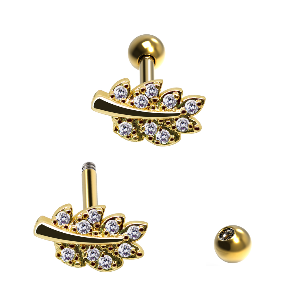 Steel 316L Barbell in Leaf Design with Crystals - CC Crystal Clear