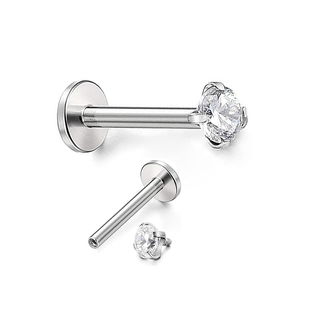 Steel 316L Labret with Prong Setting Round Stone, Internally - 16GA(1.2mm)