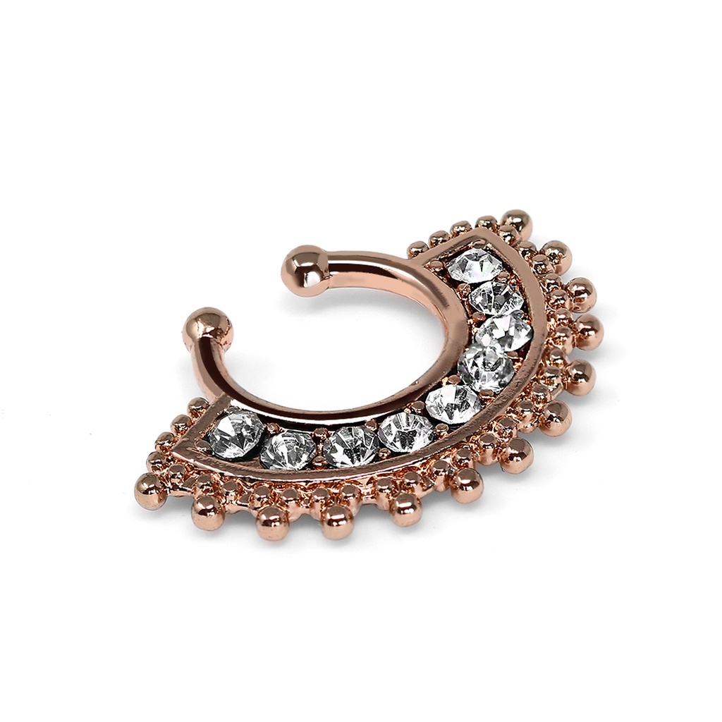 Brass Rose Gold Plated Clip-on septum Ring with Crystals in Tribal Fan Design