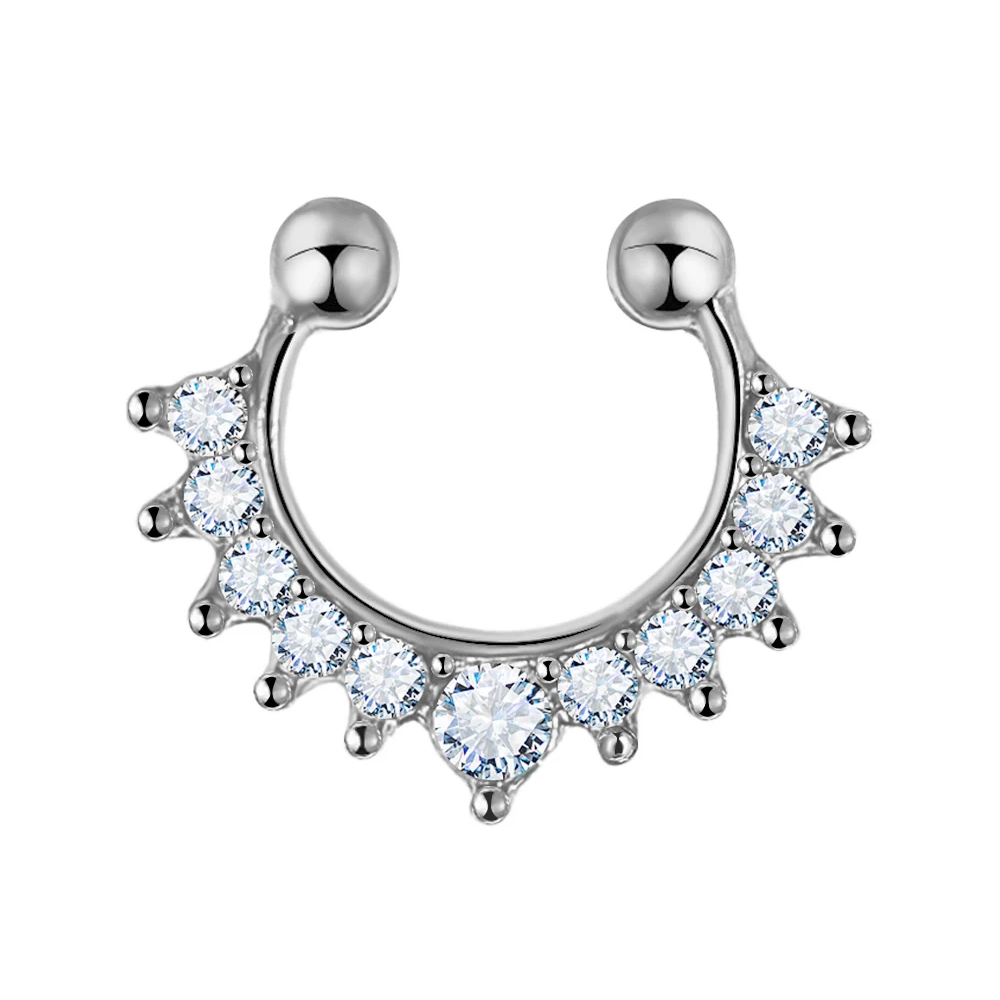 Brass White Rhodium Plated Fashion Clip-on septum Ring with Crystals 