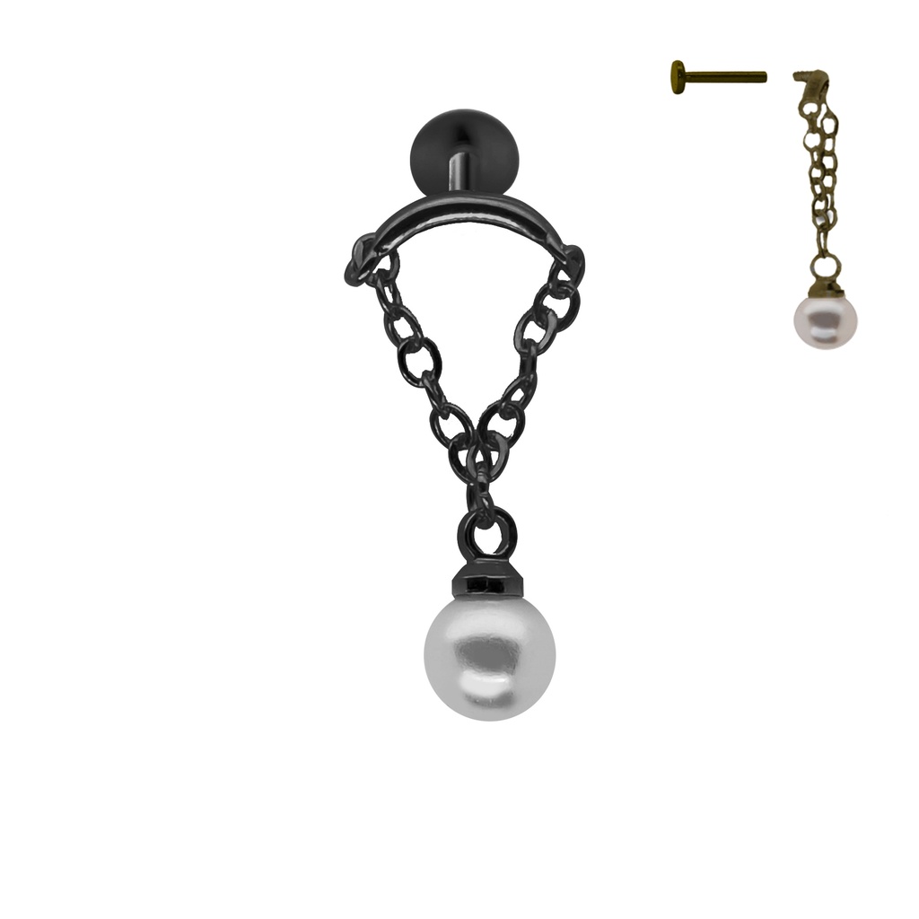 Steel 316L Black Ti-PVD Coated Internally Threaded Hidden Helix/Rook Labret with Link Chain & Pearl 