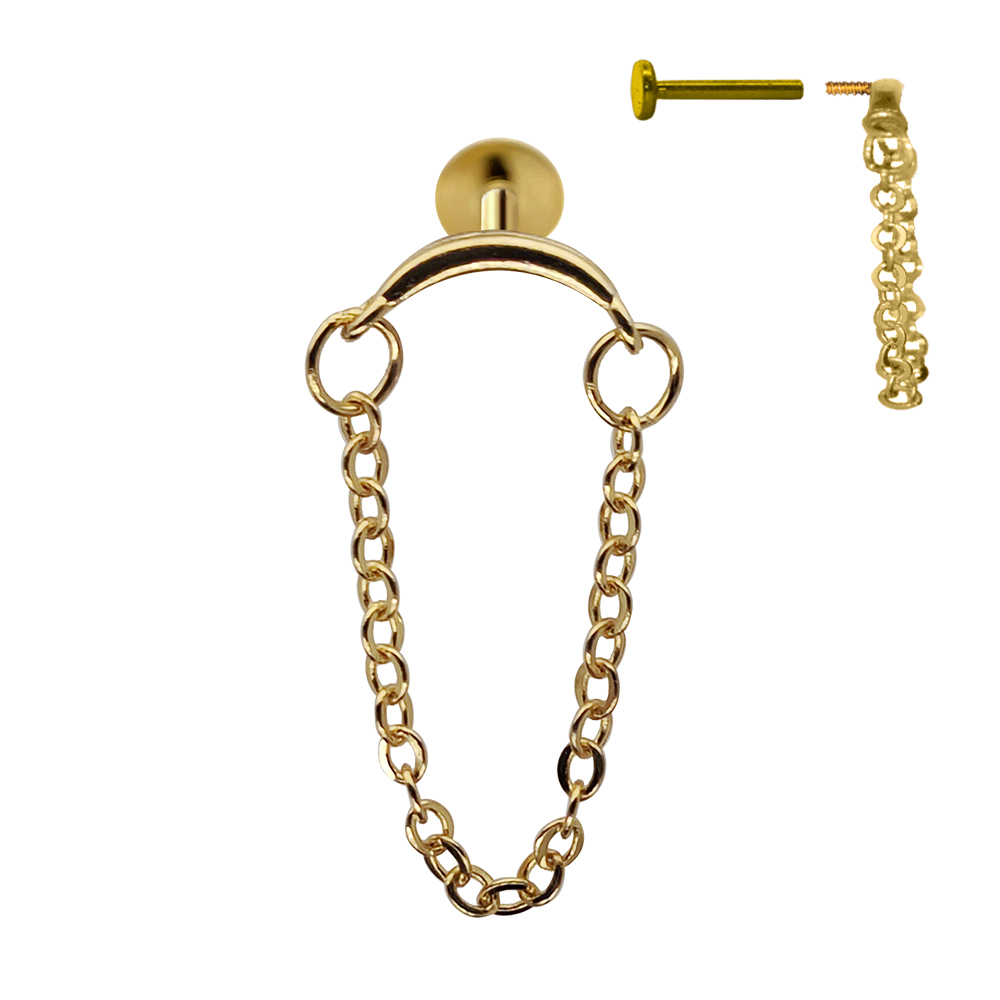 Steel 316L Gold Ti-PVD Coated Internally Threaded Hidden Helix/Rook Labret with Double Link Chain