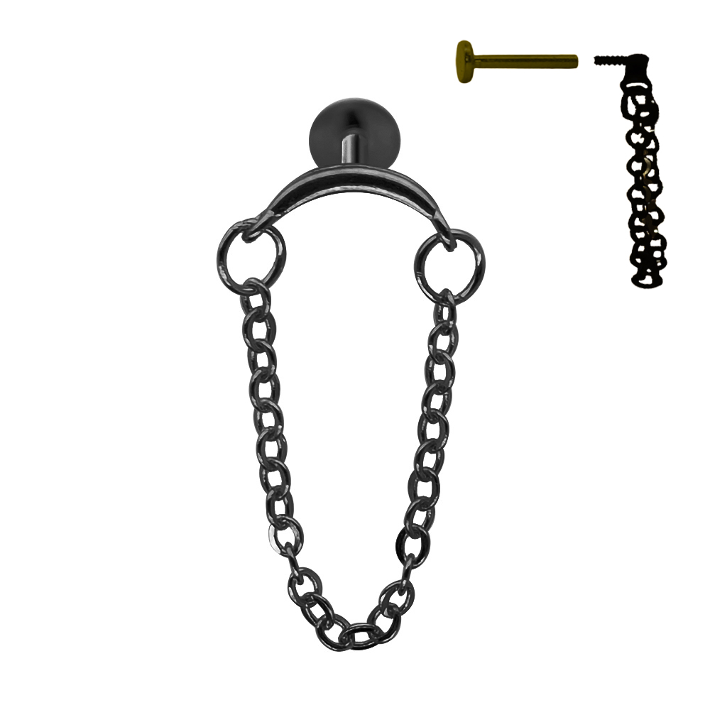 Steel 316L Black Ti-PVD Coated Internally Threaded Hidden Helix/Rook Labret with Double Link Chain