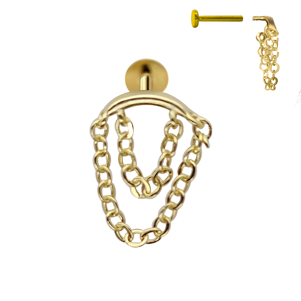 Steel 316L Gold Ti-PVD Coated Internally Threaded Hidden Helix/Rook Labret with Double Link Chain 