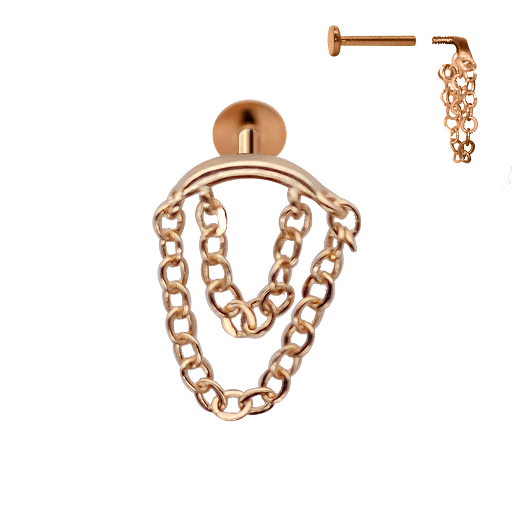 Steel 316L Rose Gold Ti-PVD Coated Internally Threaded Hidden Labret with Double Link Chain