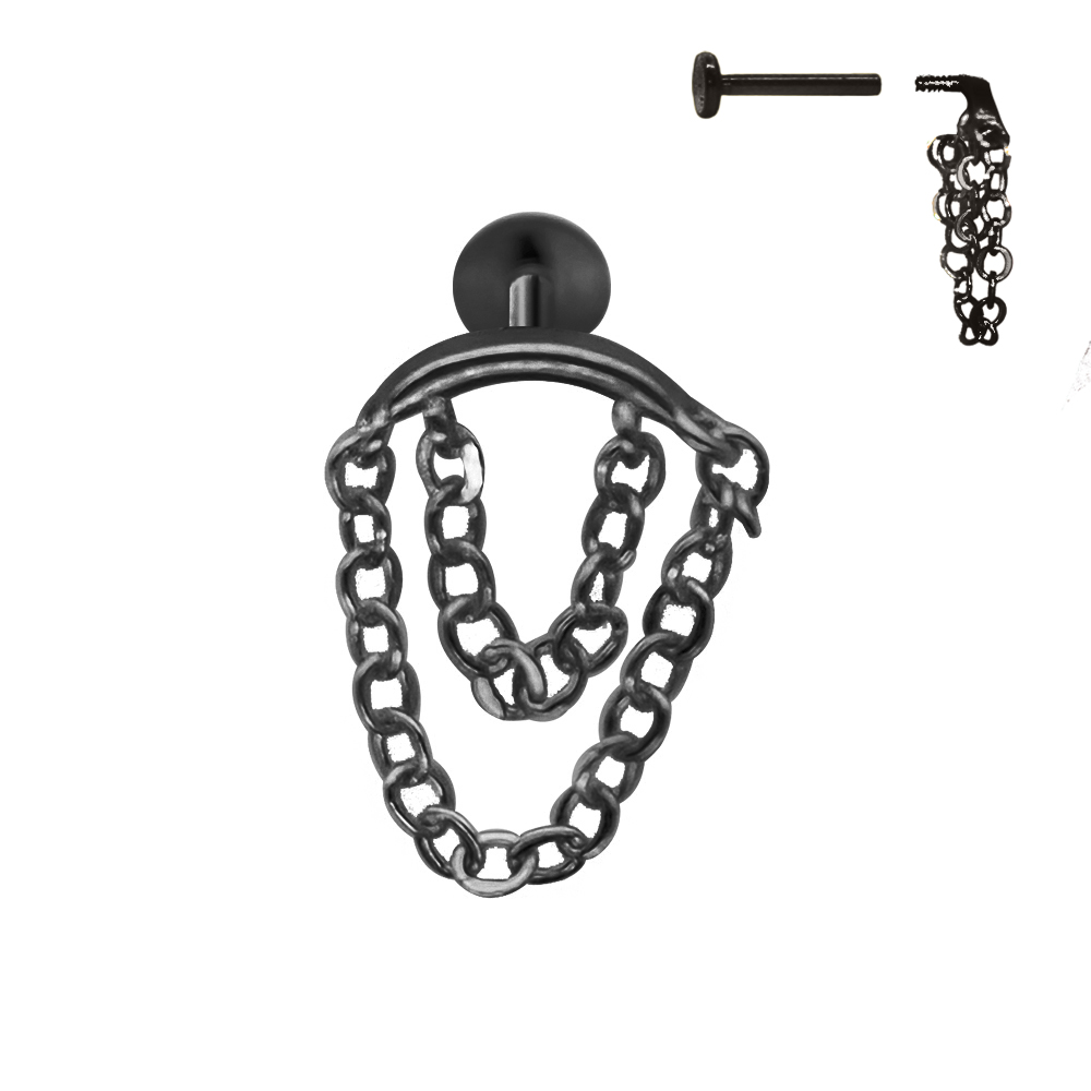 Steel 316L Black Ti-PVD Coated Internally Threaded Hidden Helix/Rook Labret with Double Link Chain