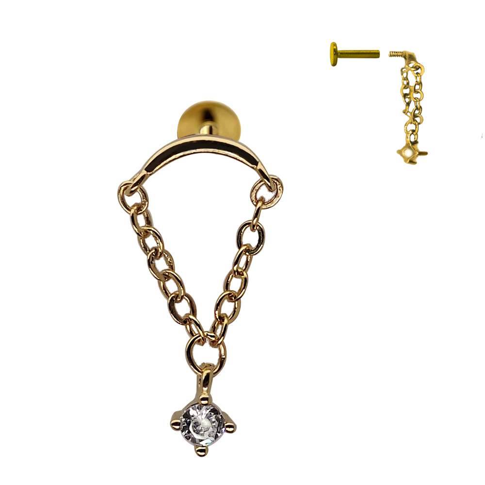Steel 316L Gold Ti-PVD Coated Internally Threaded Hidden Helix/Rook Labret with Link Chain & CZ 