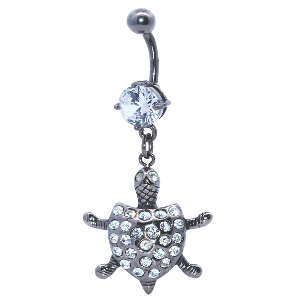 Steel 316L Belly Button Banana in Turtle Design - CC Crystal Clear -14GA(1.6mm)