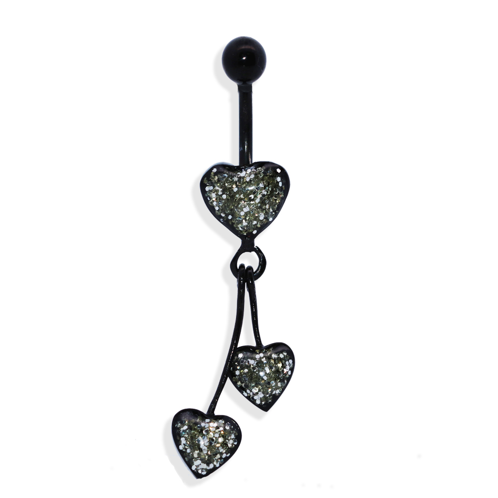 Steel 316L Black PVD Titanium Coated Belly Button Banana in Glitter Heart Design - 14GA (1.6mm)
