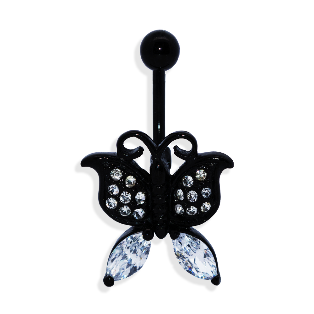 Steel 316L Black PVD Titanium Coated Belly Button Banana in Butterfly Design - CC- Crystal Clear - 14GA (1.6mm)