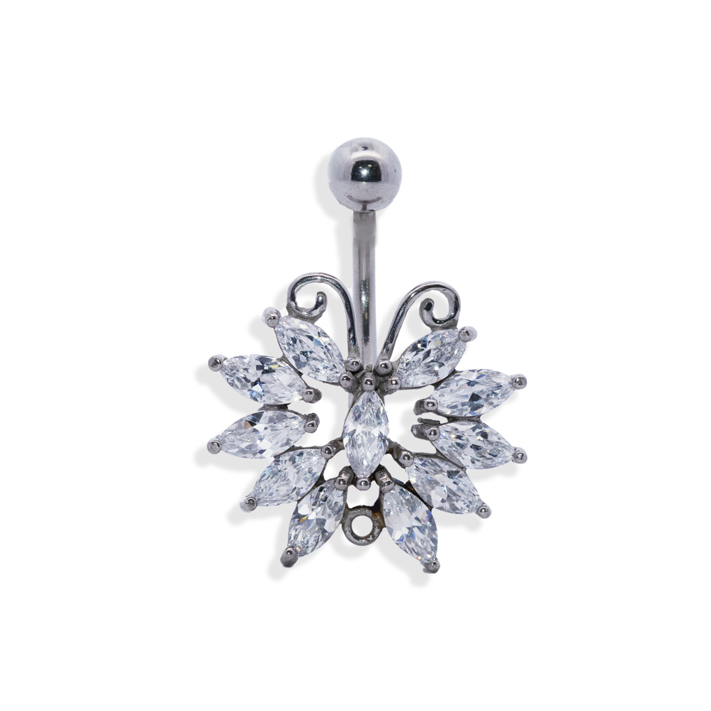 Steel 316L Belly Button Banana in Butterfly Steel Design - CC Crystal Clear