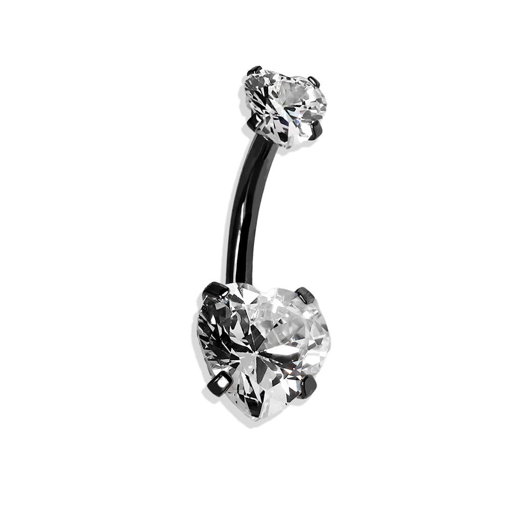 Steel 316L Black PVD Titanium Coated Bananabell with Prong Setted Heart Stone - CC -Crystal Clear - 14GA (1.6mm)