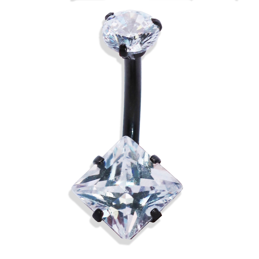Steel 316L Black Ti-PVD Coated Bananabell with Prong Setted Square Stone - CC -Crystal Clear 